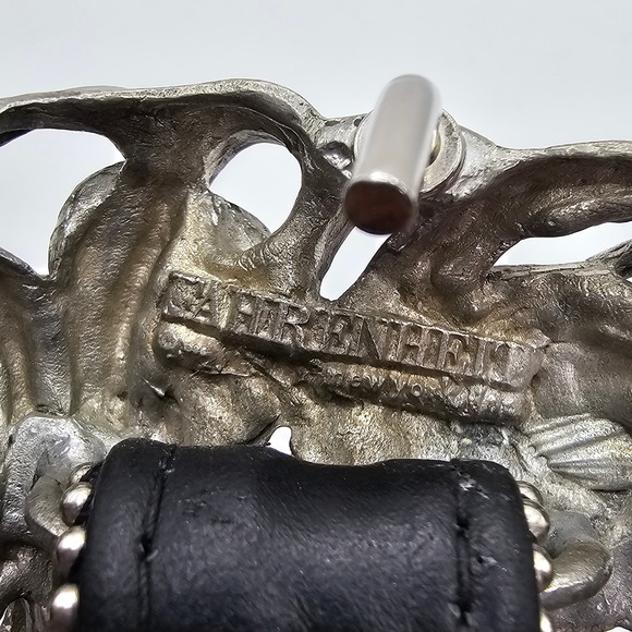 Vintage Fahrenheit NY Wide Black Leather Belt‎ Pewter Buckle 80s Wearable Art main image 6